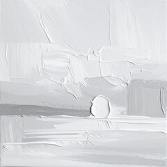 Thick textured impasto painting in shades of white and gray with broad abstract brushstrokes