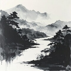 Ink painting of a winding river surrounded by dark forested mountains and pine trees