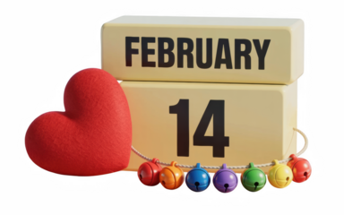 A three dimensional rendering of a February fourteenth calendar block with a red heart on transparent background