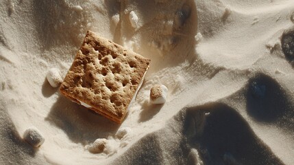Close-up of a s'more, a graham cracker with a marshmallow and chocolate filling, on sand
