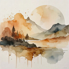 Abstract watercolor landscape painting showing mountains lake and pine trees under a large sun