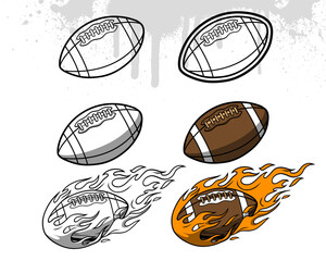 Collection of American football illustrations in various styles, including outlines, shaded, and flaming designs.