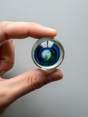 Hand Holding Orb of Celestial Swirls Captured in Transparent Glass