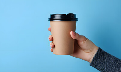 Woman Holding Takeaway Coffee Cup on Blue Background, Paper Coffee Cup Mockup with Copy Space