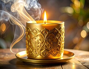 Ornate golden candle burning with smoke against a blurred background