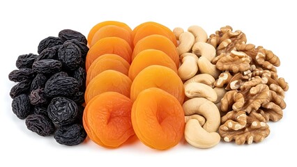 Assorted dried fruits and nuts including raisins apricots cashews and walnuts on white background