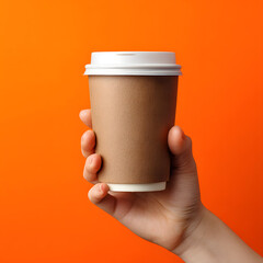 Hand Holding Coffee Cup Mockup on Orange Background, Takeaway Paper Cup Branding Template