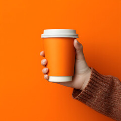Hand Holding Coffee Cup Mockup on Orange Background, Takeaway Paper Cup Branding Template