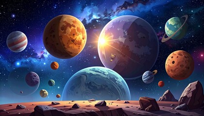 A breathtaking cosmic illustration of the blue planet Earth and its moon glowing against the dark starry night sky within a vast galaxy of the solar system's deep space universe