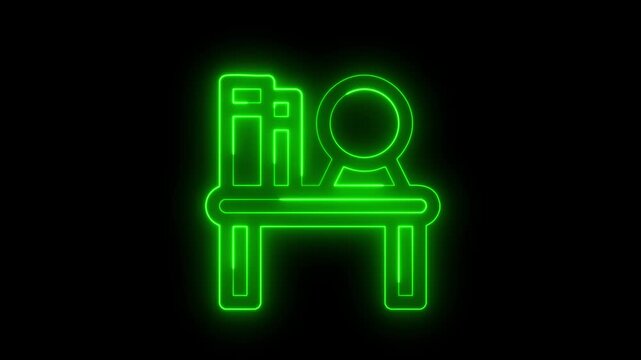 Neon green line bookshelf icon glowing on black background glowing furniture motion graphic
