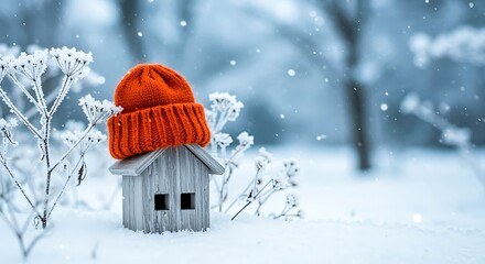 Naklejka premium Small Wooden House Wearing Red Knit Hat in Snowy Winter Scene