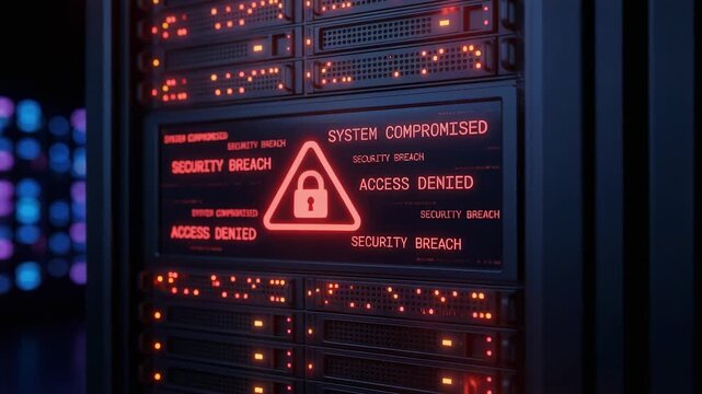 Cybersecurity alert in a dark server room with flashing red warning lights and system breaches