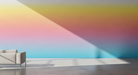 Modern minimalist interior scene with vibrant wall and natural sunlight