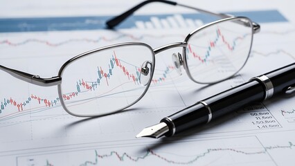 Eyeglasses and a fountain pen resting on a financial paper containing a stock market candlestick chart