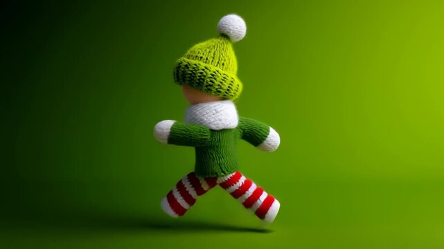 Joyful knitted elf spreading holiday cheer in a vibrant green landscape full of magic and fun