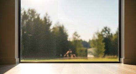 Panoramic view of nature through a large, clean window indoors