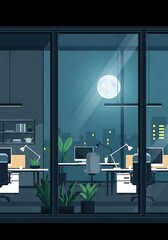 Peaceful workplace illuminated by moonlight through expansive glass windows