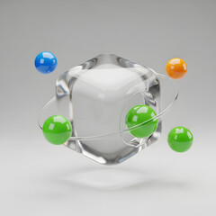 Colorful Balls Surrounding Clear Crystal Object.