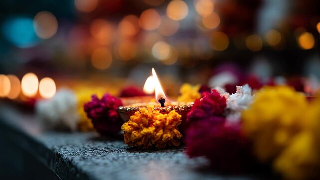 Serene diya glowing amidst vibrant marigold petals, symbolizing peace and celebration in a spiritual atmosphere