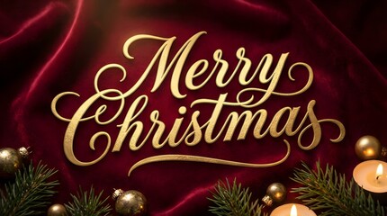 A festive Christmas greeting on a luxurious red velvet background with golden ornaments and soft candlelight