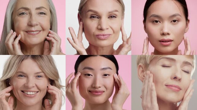 A diverse group of women engage in at-home skincare routines, showcasing different techniques and expressions of relaxation and self-care. Their glowing skin radiates beauty in a vibrant setting.