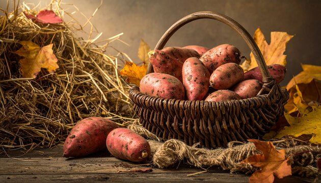 가을 낙엽과 함께 바구니에 담긴 신선한 고구마 Fresh sweet potatoes in wicker basket with autumn leaves