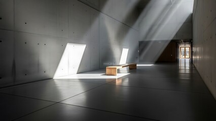 Sunlit Concrete Hallway with Bench and Geometric Light Patterns Design