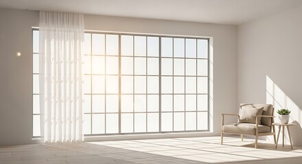 Sun-drenched modern living room interior with expansive window and neutral color palette creating a peaceful ambiance