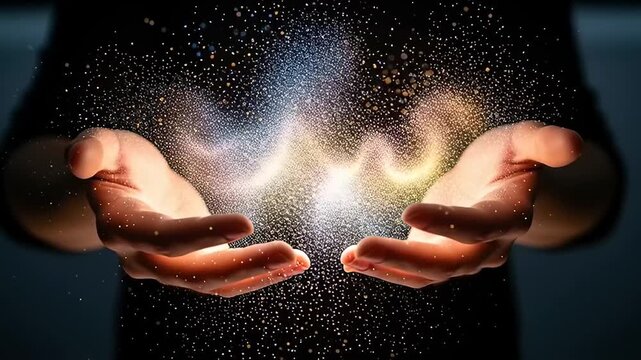 Mystical Energy Emanating From Open Hands In Darkness.