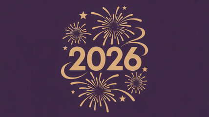 A minimalist New Year's design featuring the number 2026 in metallic gold text centered against a deep purple background.