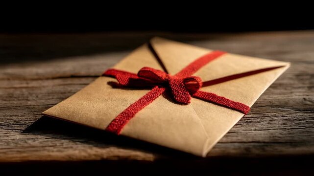 Elegant tied envelope on rustic wooden table, highlighting sunlight details and inviting curiosity about its contents