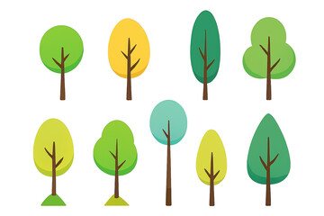 Colorful stylized trees collection various shades and shapes on transparent background