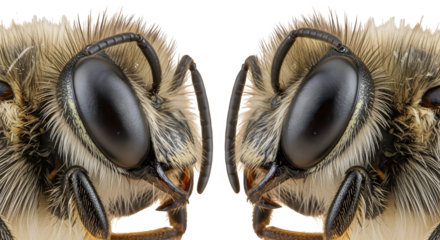 Extreme macro detail of two honey bee heads facing each other on white background