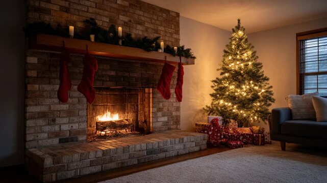Enchanting Holiday Fireplace Scene with Twinkling Christmas Tree and Cozy Atmosphere for Festive Celebrations