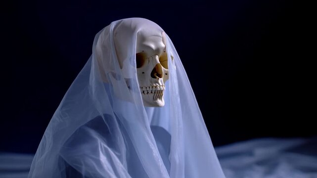 Eerie figure wrapped in translucent fabric in darkness, exploring themes of life, death, and the unknown