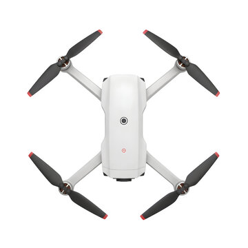 Top down view of a white quadcopter drone with black propellers isolated on white