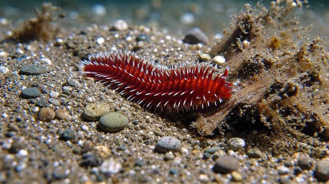 Red bristle worm on sandy seabed.