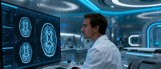 Scientist Analyzing Brain Scan in Lab