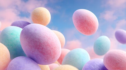 Surreal Easter Concept with Floating Pastel Matte Eggs on Blue and Pink Sky