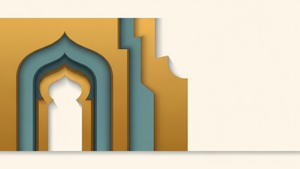 Fototapeta premium Abstract Islamic archway and doorway design with gold and teal geometric patterns, perfect for Ramadan and Eid celebrations
