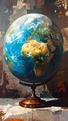 Painted rendering of Earth as a globe, standing on a stand