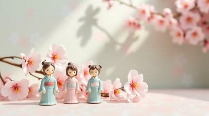 Elegant Japanese Seasonal Still Life with Ceramic Figurines and Pastel Patterned Paper, Calm Refined Commercial Style