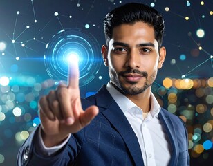 Confident man in suit touching digital interface, city in background