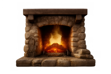 Stone fireplace with roaring fire and glowing embers providing warmth, comfort, and cozy atmosphere, isolated with transparent background