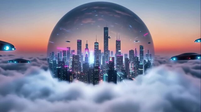 Futuristic city metropolis protected by glass dome floating high above white clouds, utopian civilization living in isolated sky colony with modern skyscrapers and flying ships art