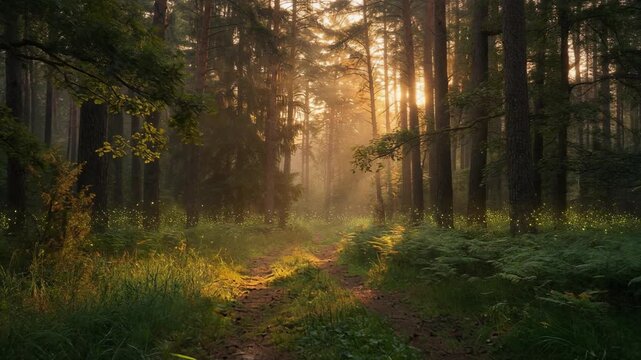 Enchanting firefly dance along a sunlit forest path, creating a magical and serene nature scene