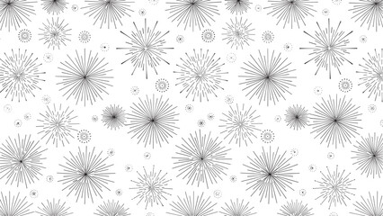 Minimalist black and white abstract firework pattern with various explosion designs perfect for festive, celebratory, or event backgrounds and decorative projects in digital and print media