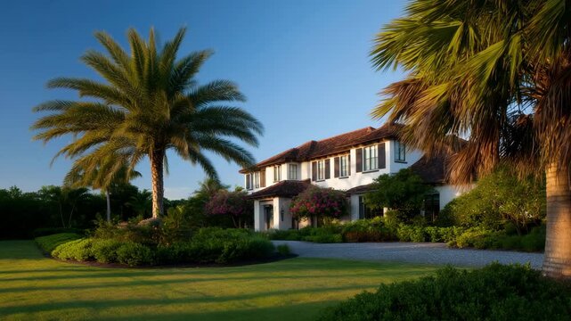Discover a peaceful sunlit villa amidst lush gardens and swaying palm trees for ultimate relaxation