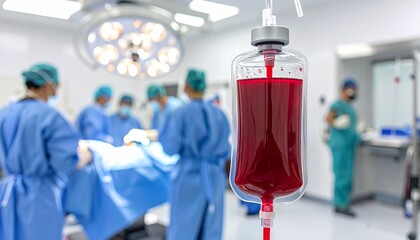 Intravenous blood bag in focus with surgeons operating in background