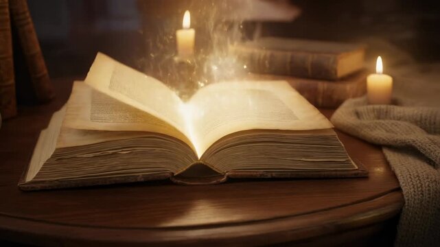 Enchanting video of a mystical book unveiling glowing pages filled with ancient stories and magic